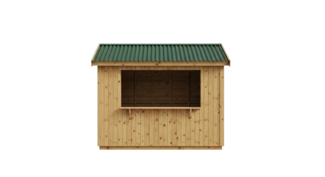 Isolated small wooden retail hut with green corrugated roof under sunny conditions