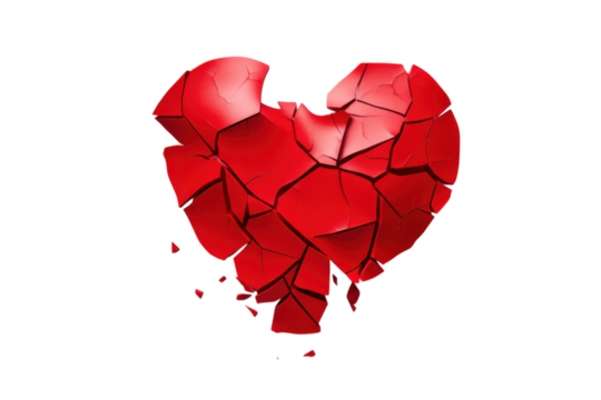 Shattered red heart symbolizes pain