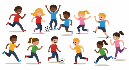 Fototapeta premium Diverse group of children running and playing soccer on a white background