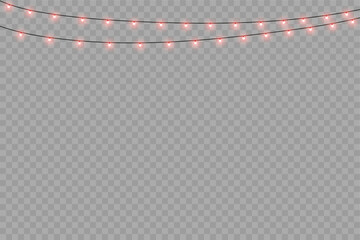 Red glowing fairy string lights garland on transparent background for Christmas or Valentine’s Day celebration