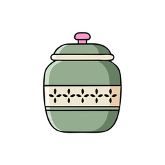 A colorful vector illustration of different types of fruit and food set in traditional ceramic pots, bowls, and cups