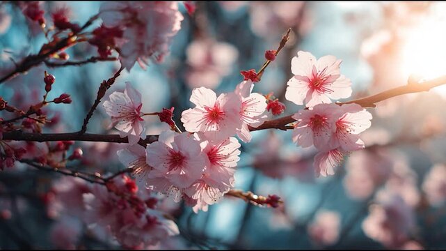 A close-up view of delicate pink cherry blossoms on a branch, creating a soft, romantic atmosphere with a blurred background.