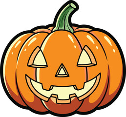 Cartoon jack-o'-lantern with carved face, orange pumpkin, green stem, toothy smile, Halloween illustration for spooky season, festive decoration, kids design, celebration art