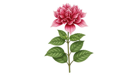 Isolated decorative Dahlia flower, crimson petals, green leaves, botanical illustration
