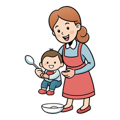 Mother and Baby with a Spoon Feeding in a Bowl