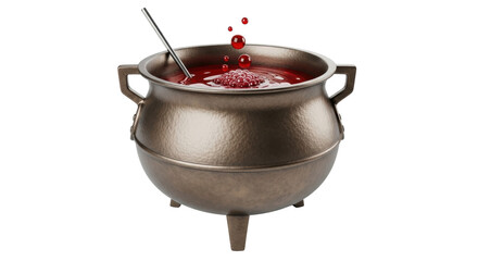 Isolated cauldron on a blank background, bronze metal witch brew with stirring spoon inside