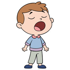 Obraz premium Young cartoon boy with closed eyes yawning and showing tiredness