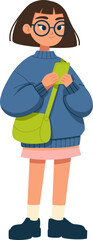 Young woman with glasses wearing a sweater and skirt while checking her smartphone isolated on transparent background. Vector illustration.