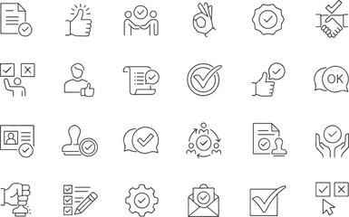 Approval editable line icons set. Modern thin line vector illustrations of accept and confirmation symbols — agreement, checkmark, OK sign, and more, isolated on transparent background.