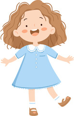 Cute young girl in a blue dress isolated on transparent background. Vector illustration.