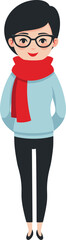 Young woman in casual outfit and red scarf stands confidently with hands in pockets in a cheerful isolated on transparent background. Vector illustration.