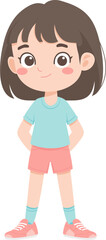 Cute young girl with brown hair in casual outfit standing confidently isolated on transparent background. Vector illustration.