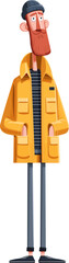 Man in a yellow raincoat stands with hands in pockets isolated on transparent background. Vector illustration.