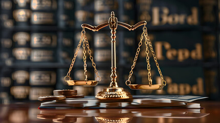 Golden balance scales standing on documents with stacked coins and law books in the background. Symbol of justice, fairness, legal system, and financial balance. Concept of law, economy, and ethical d