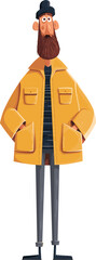 Cartoon character dressed in yellow jacket and hat standing confidently with hands in pockets isolated on transparent background. Vector illustration.