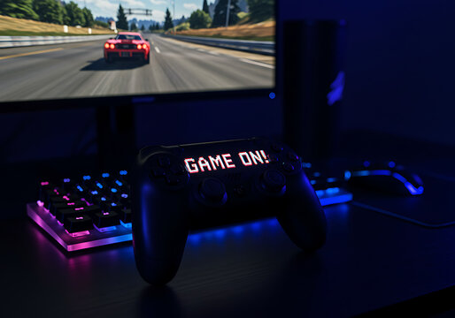 Gaming new year racing setup, immersive new year game station, happy new year tech entertainment
