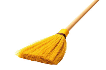 Yellow broom with wooden handle for cleaning purposes