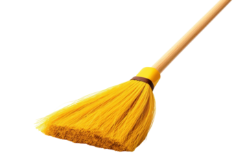Yellow broom with wooden handle for cleaning purposes