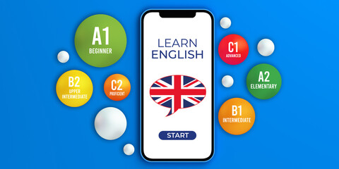 Learn English text banner on smartphone. Online learning concept illustration.