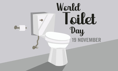 World toilet day. A clean porcelain toilet bowl and various sanitary signs for restroom or WC hygiene.