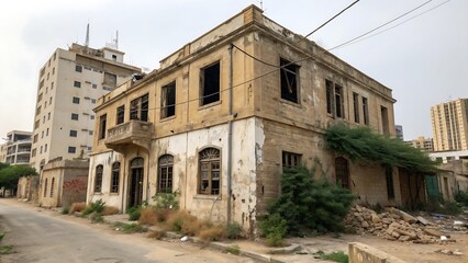 Fototapeta premium The image shows a building in what appears to be a state of disrepair or abandonment in Karachi,building, house, architecture, old, abandoned, wall, sky, stone, europe, home, city, italy, window, ruin