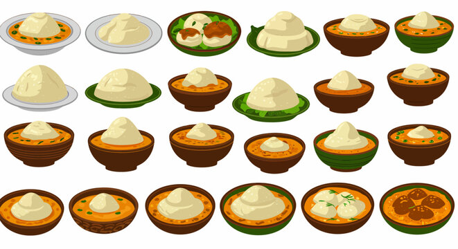 Seamless pattern of African fufu or banku served with various stews and soups