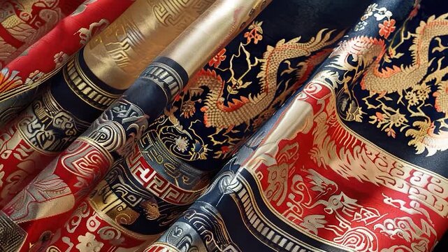 video Close-up shot of various oriental fabrics