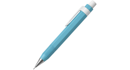 Isolated cyan-colored mechanical pencil with a white eraser and pocket clip, ready to write