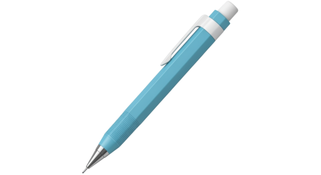 Isolated cyan-colored mechanical pencil with a white eraser and pocket clip, ready to write