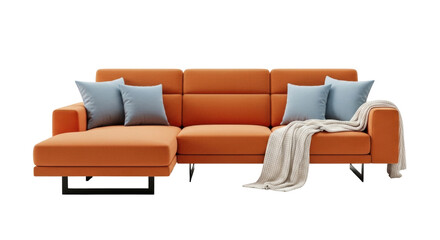 Isolated modern L-shaped couch with throw blanket and cushions on a bright backdrop