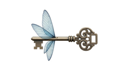 Isolated golden antique key with fairy wings, magical charm, vintage ornate metal