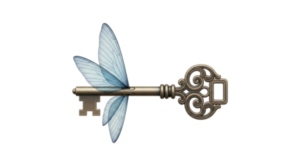 Isolated golden antique key with fairy wings, magical charm, vintage ornate metal