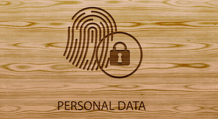 Personal data logo badge embedded in wooden surface with embossed effect
