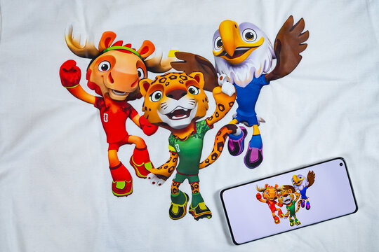 ZHONGSHAN China-October 8 2025: T shirt and mobile of official mascots for the 2026 FIFA World Cup at horizontal composition.