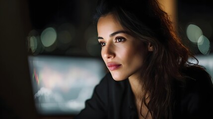 Focused businesswoman analyzing financial data on a computer screen at night