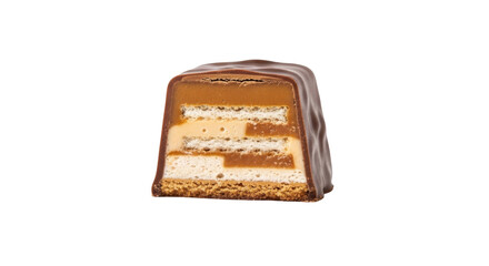 Isolated slice of layered nougat dessert with cracker covered by milk chocolate icing