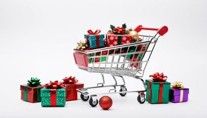 Shopping Cart Full of Christmas Gifts on White Background