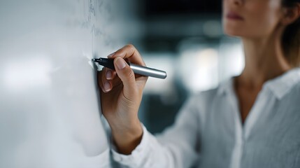 A woman s hand writes on a whiteboard during a business strategy session symbolizing planning and focused work