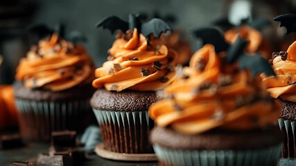 Delicious Chocolate Halloween Cupcakes with Orange Frosting and Bat Decorations for a Festive Holiday Treat - Powered by Adobe