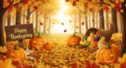 Illustration Festive Thanksgiving Decoration with Pumpkin and Cornucopia in Autumn Forest