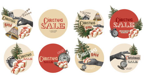 Christmas sale sticker set. Vintage style collection on transparent background. Limited sale offer....