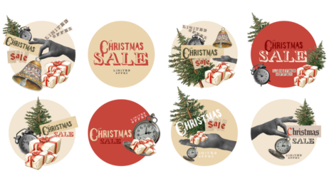 Christmas sale sticker set. Vintage style collection on transparent background. Limited sale offer. Collage design.