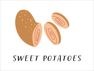 Sweet potatoes illustration. Flat vector design showing a whole sweet potato and slices, with handwritten label