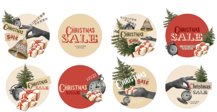 Christmas sale sticker set. Vintage style collection on transparent background. Limited sale offer. Collage design.