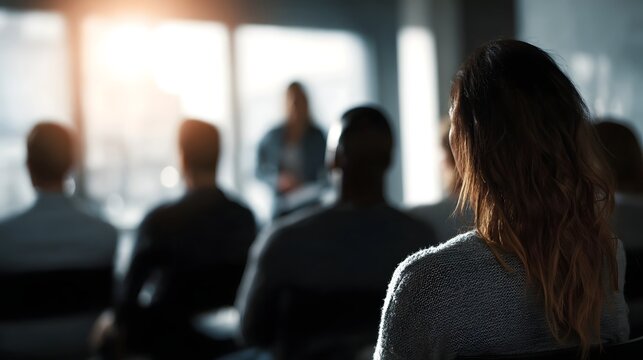 A diverse group of people attending a presentation in a bright modern meeting room