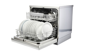 Open dishwasher filled with clean dishes and silverware