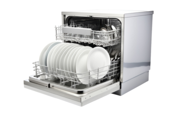 Open dishwasher filled with clean dishes and silverware