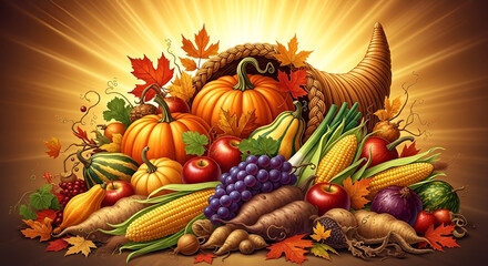 Festive Still Life Composition of Thanksgiving Cornucopia with Autumn Harvest Bounty