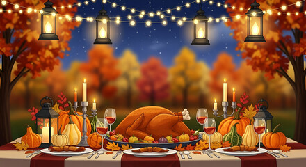 Beautiful Festive Thanksgiving Dinner Table Setting with Turkey and Decorations