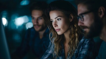 A diverse team of professionals collaborating intently on a computer screen in a dimly lit modern setting